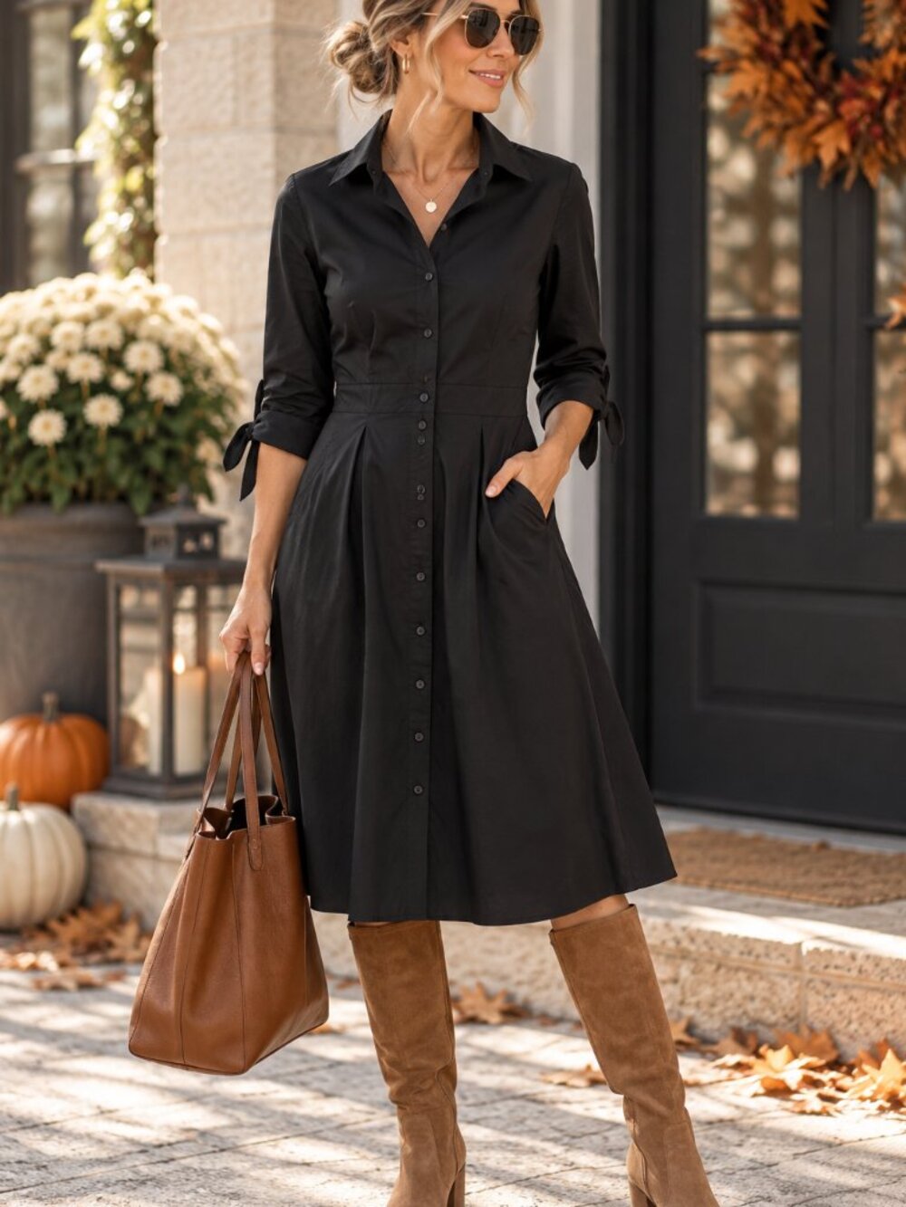 Talbots Women Sz 8 Black Cotton Midi Shirt Dress Fit Flare Button Preppy 1493